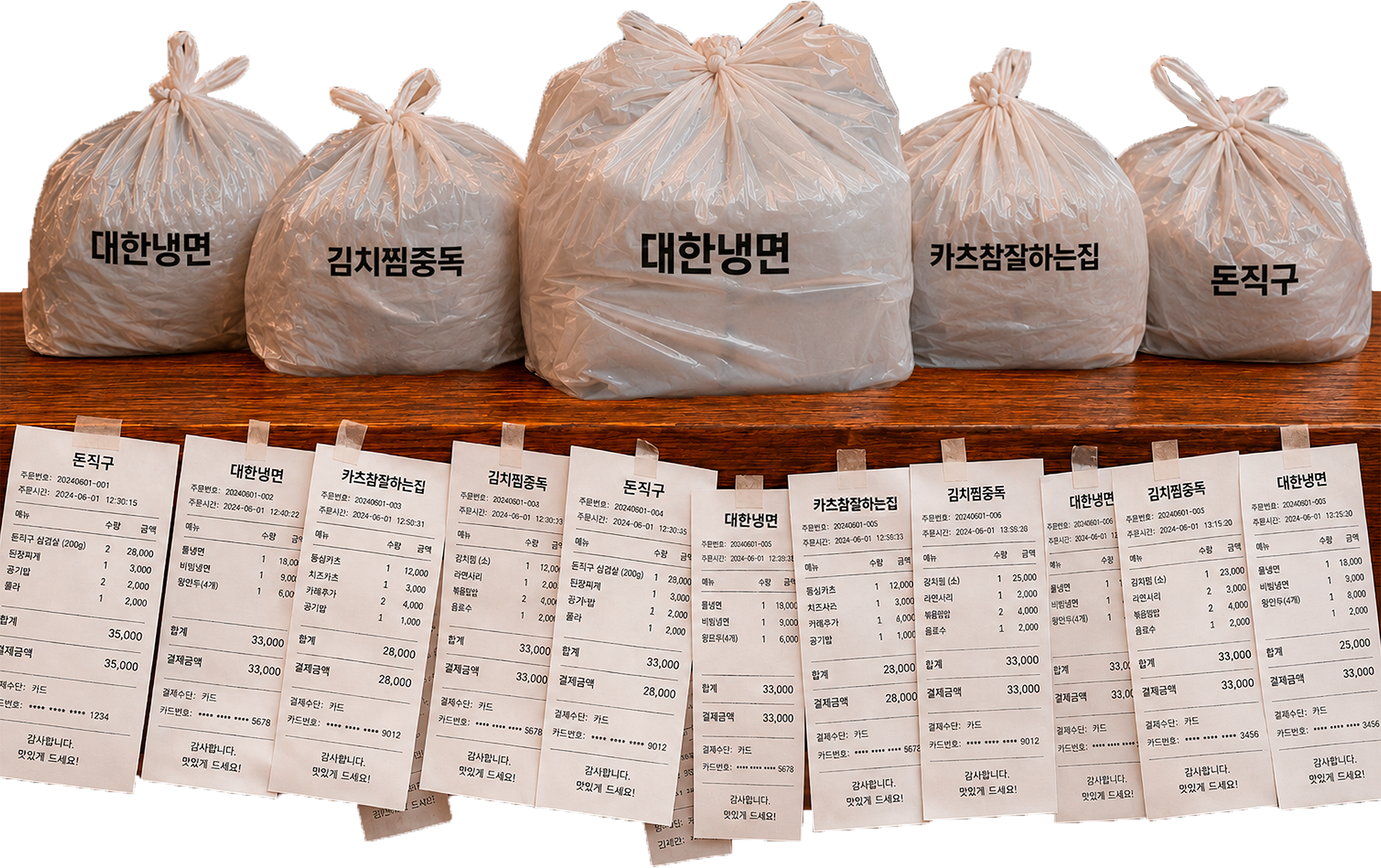 브랜드별 배달 봉투와 주문 영수증